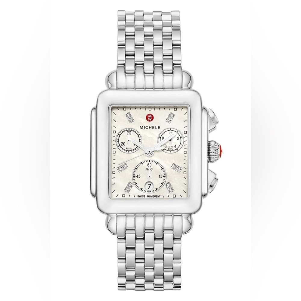 New Michele Deco Diamond Dial Chronograph Steel MWW06A000778 Ladies 33mm Watch